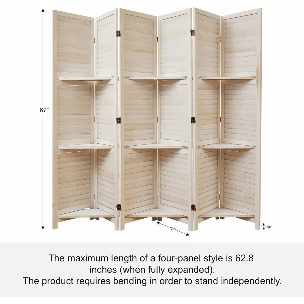 Room Divider with Shelves, 5.6 Ft Tall Folding Wood Screen with Double Hinges for Home Office Bedroom Hotel Decoration (6 Panels