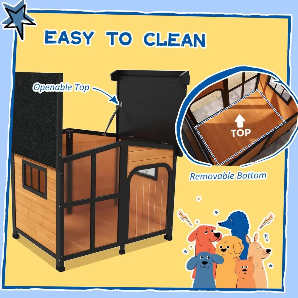 Outside Cabin-Style Wooden Dog House for Large Dogs with Openable Roof & Giant Window, Outdoor & Indoor Big Dog House, Asphalt
