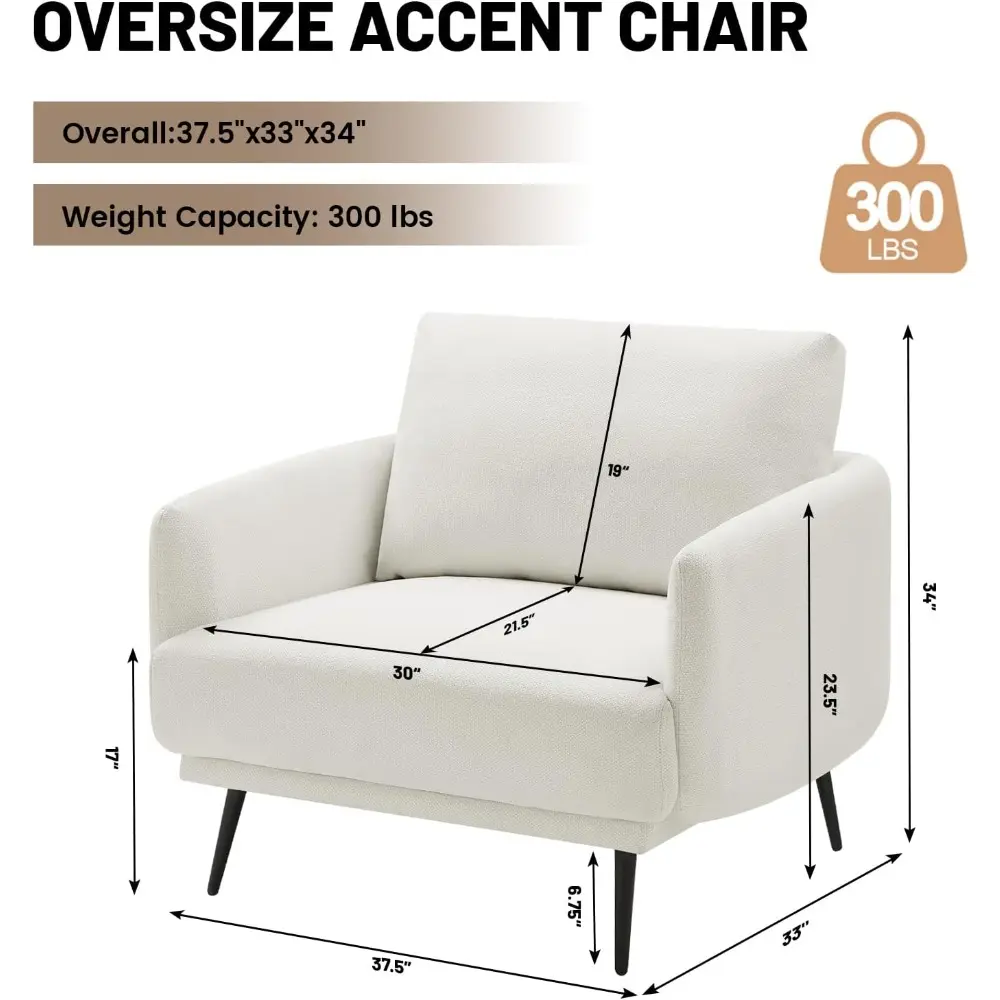 Oversized Accent Chair for Living Room Chairs Reading Arm Chair Comfy Modern Single Sofa Side Chairs with Metal Legs & Soft Cush