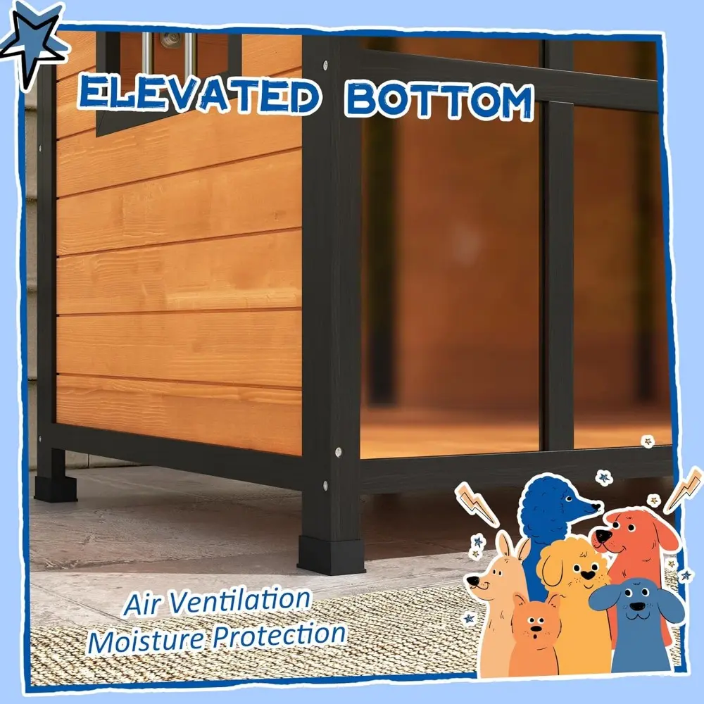 Outside Cabin-Style Wooden Dog House for Large Dogs with Openable Roof & Giant Window, Outdoor & Indoor Big Dog House, Asphalt