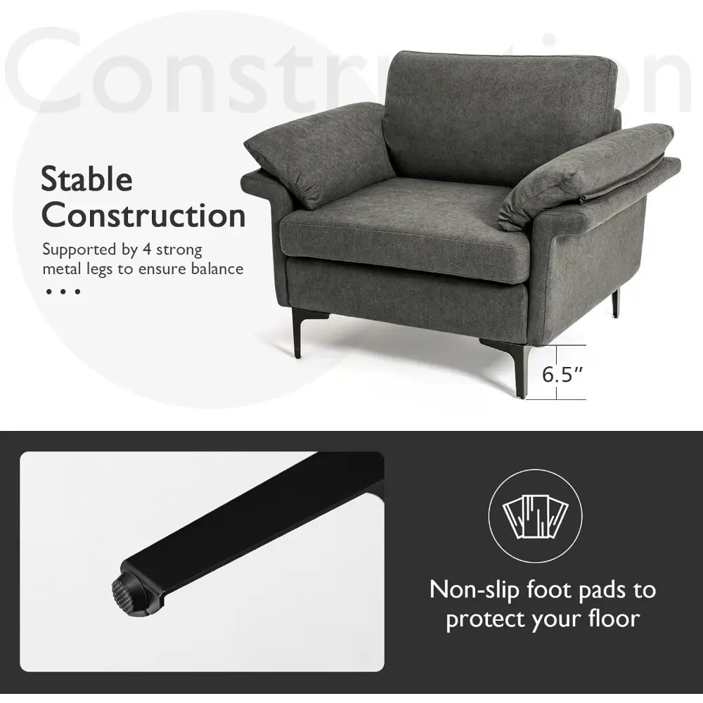 Single Sofa, Accent Chair, with 5 Inch Comfy Cushion, Zippered Armrests, Steel Legs, Living Room Armchair, Upholstered Leisure