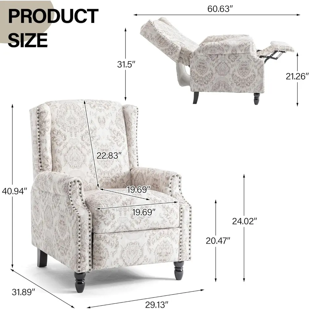 Recliner Chair, Upholstered Wingback Floral Pushback Armchair with Adjustable Backrest & Footrest, Comfy Accent Chair Reading Si