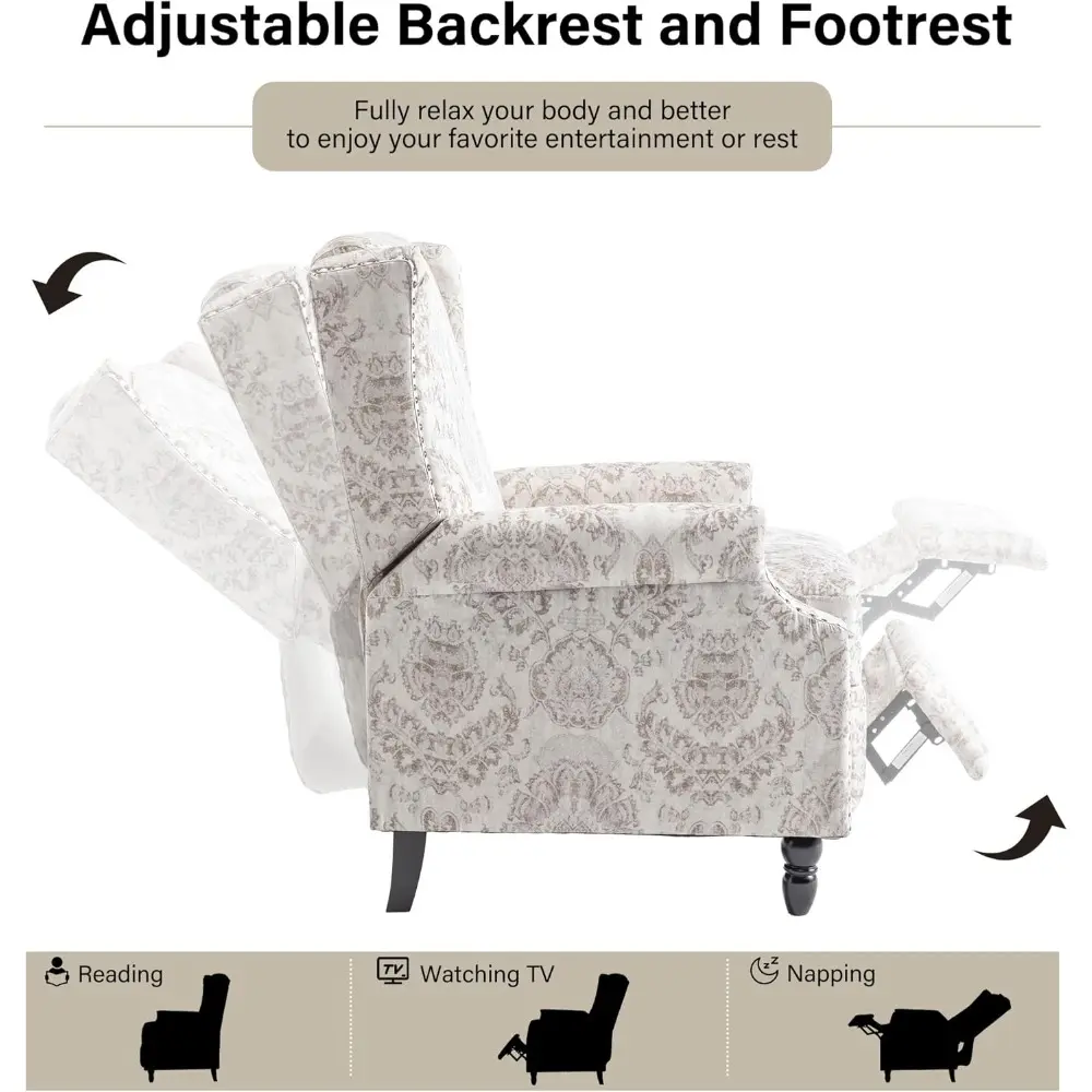 Recliner Chair, Upholstered Wingback Floral Pushback Armchair with Adjustable Backrest & Footrest, Comfy Accent Chair Reading Si