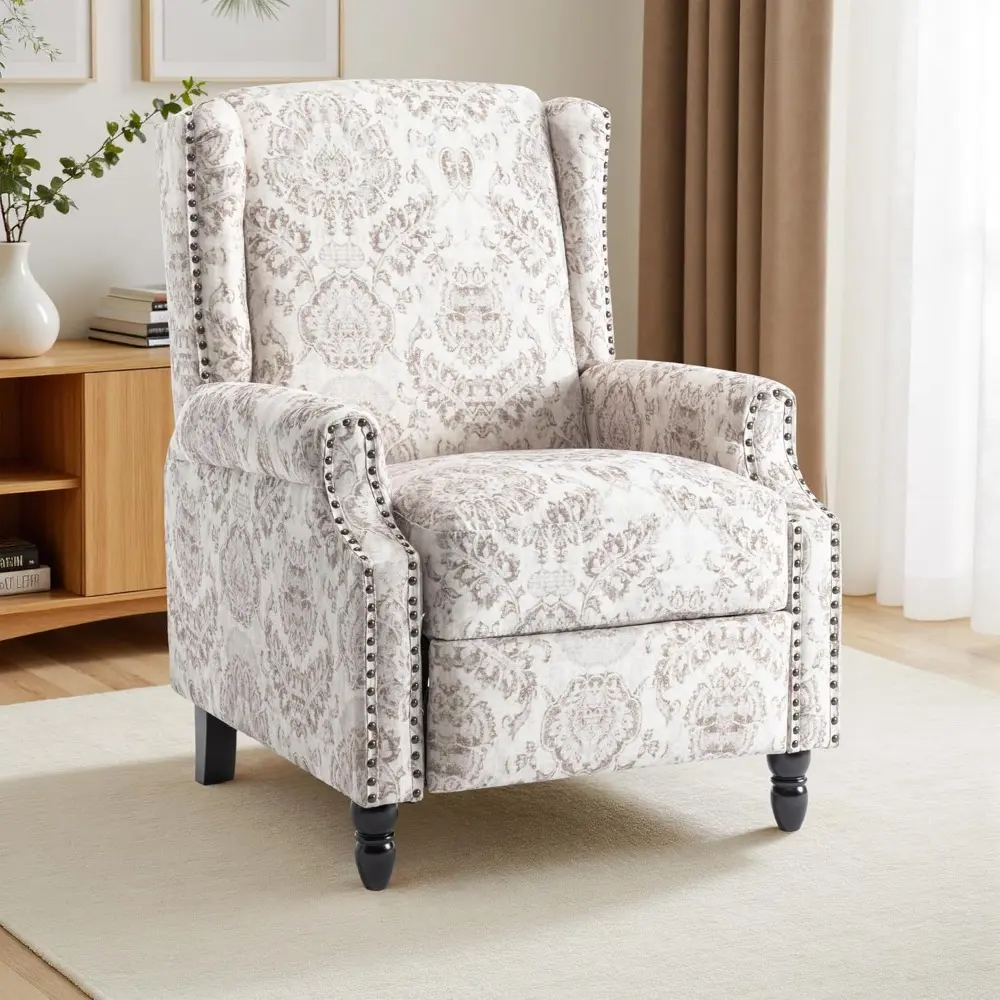 Recliner Chair, Upholstered Wingback Floral Pushback Armchair with Adjustable Backrest & Footrest, Comfy Accent Chair Reading Si