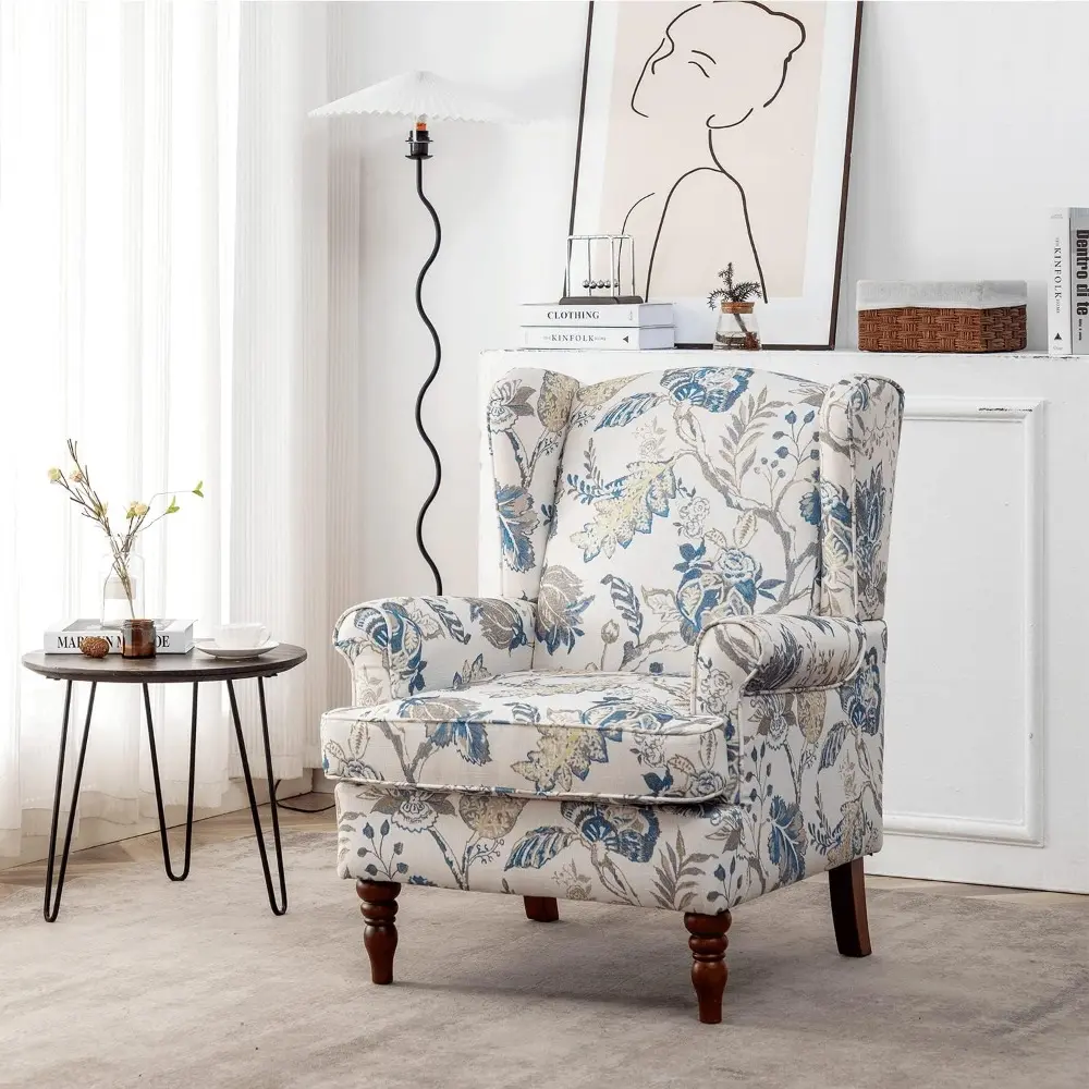 Floral Accent Chair, High Back Upholstered Armchair with Solid Legs, Leisure Single Sofa Chair for Living Room, Bedroom, Home O