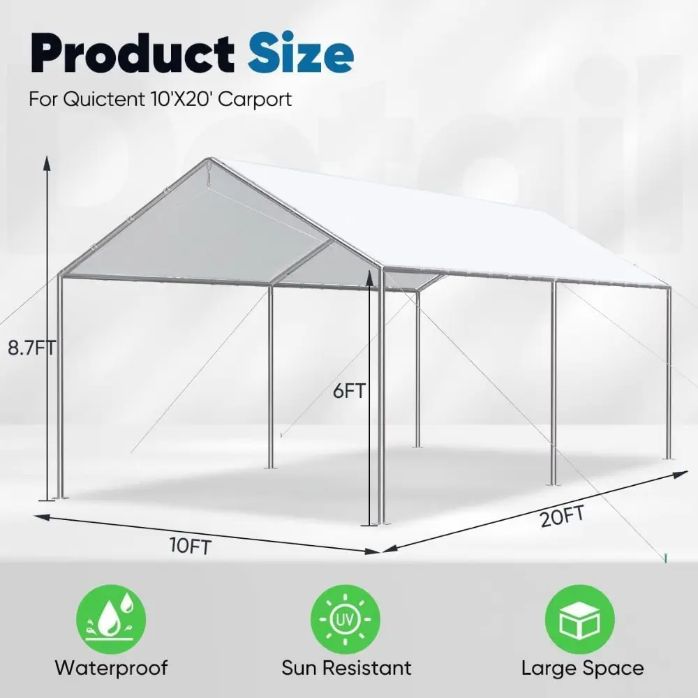 10x20 ft Heavy Duty Car Canopy Galvanized Frame Carport Outdoor Party Tent Boat Shelter with 3 Reinforced Steel Cables - White