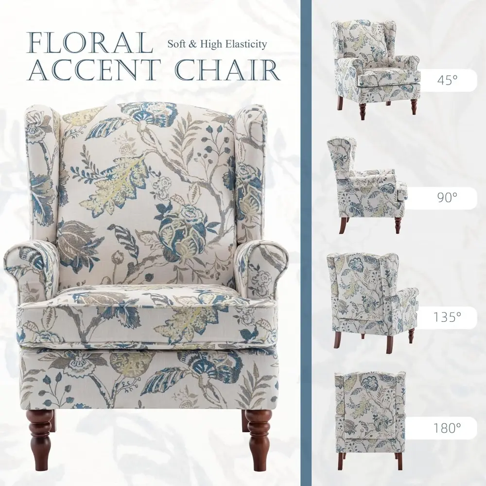Floral Accent Chair, High Back Upholstered Armchair with Solid Legs, Leisure Single Sofa Chair for Living Room, Bedroom, Home O