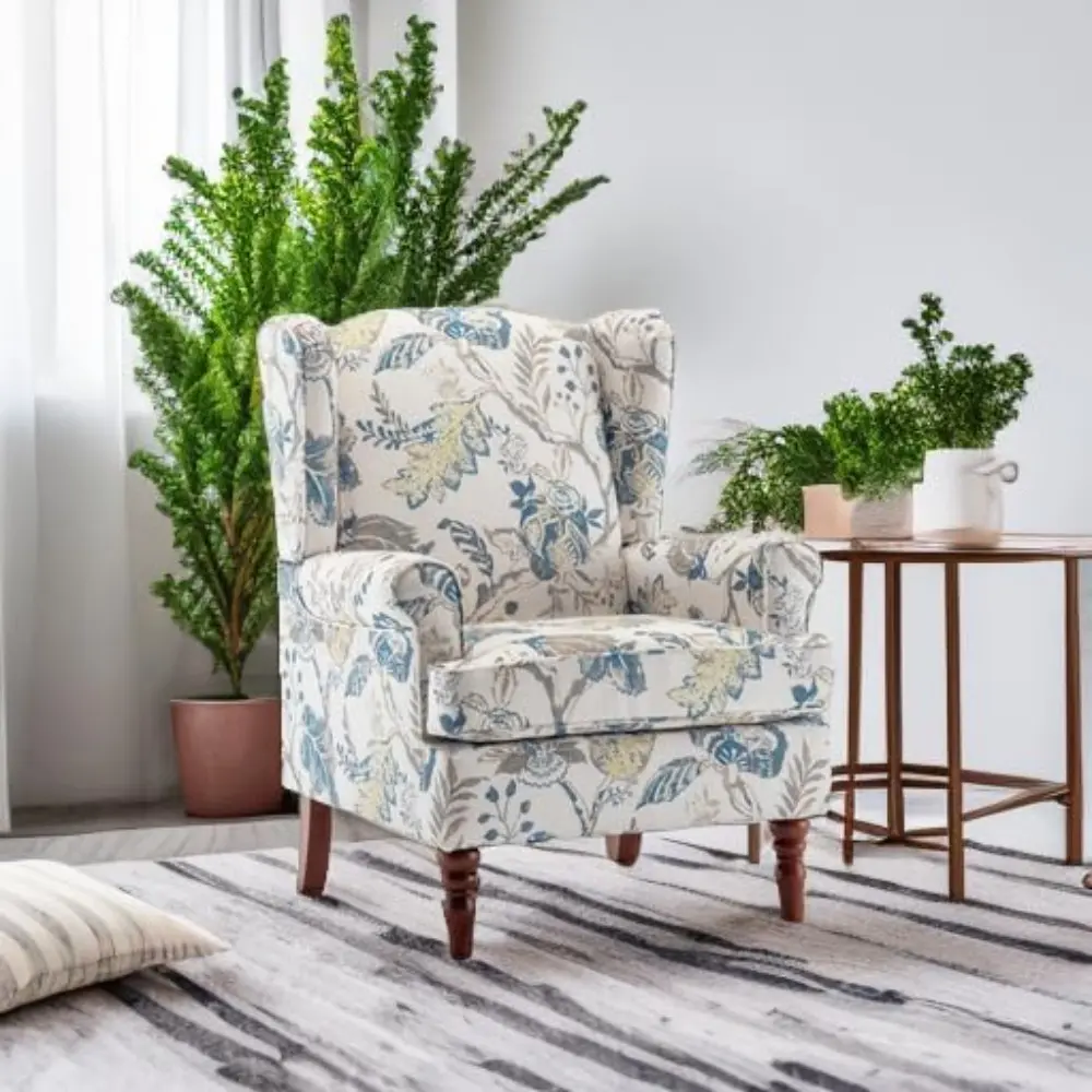 Floral Accent Chair, High Back Upholstered Armchair with Solid Legs, Leisure Single Sofa Chair for Living Room, Bedroom, Home O
