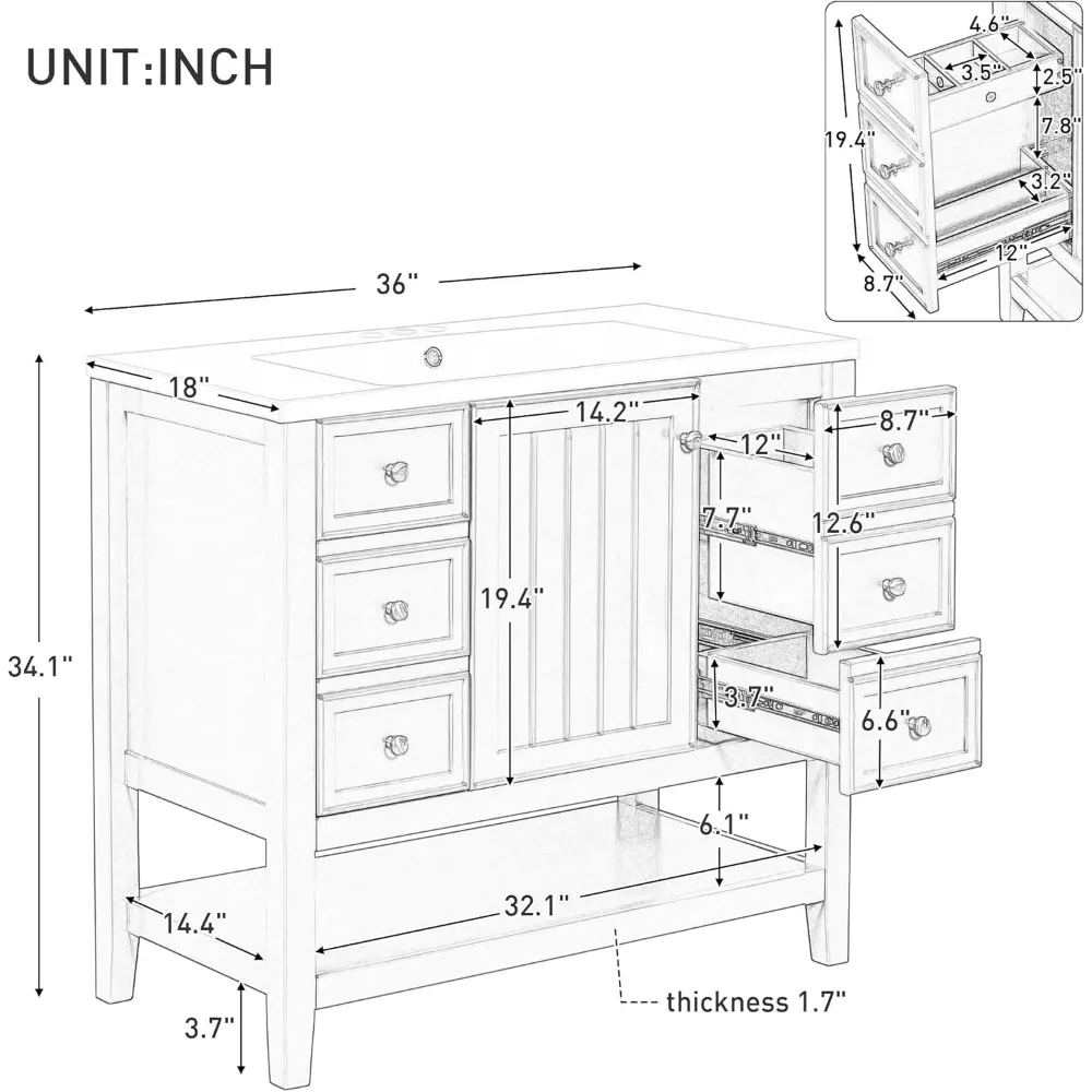 36" Vanity Bathroom Cabinet with Sink Top, Three Multi-Functional Drawers, Open Storage Space, Adjustable Shelf, Blue
