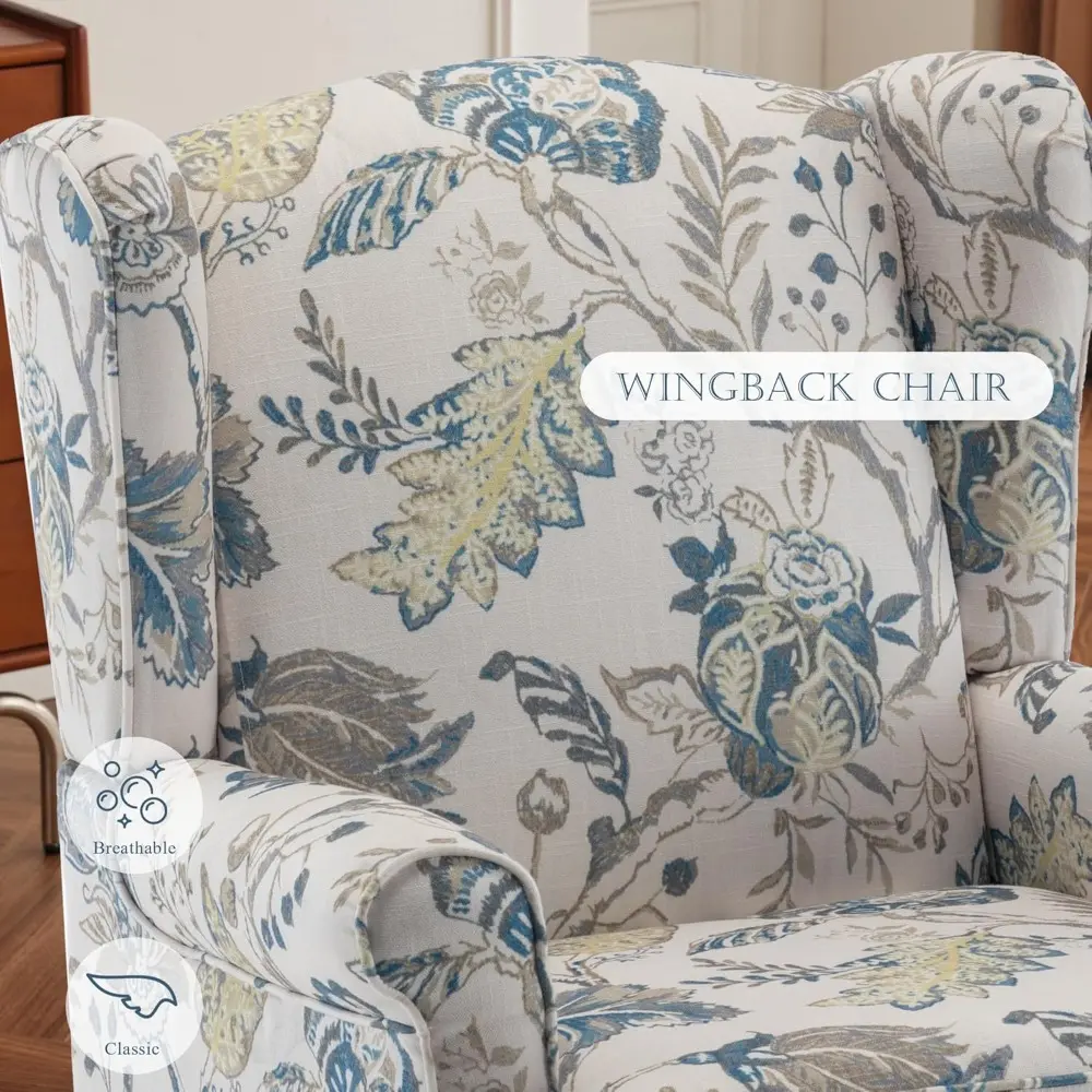 Floral Accent Chair, High Back Upholstered Armchair with Solid Legs, Leisure Single Sofa Chair for Living Room, Bedroom, Home O