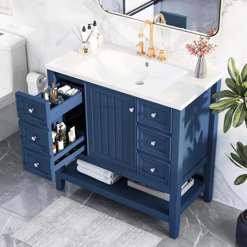 36" Vanity Bathroom Cabinet with Sink Top, Three Multi-Functional Drawers, Open Storage Space, Adjustable Shelf, Blue