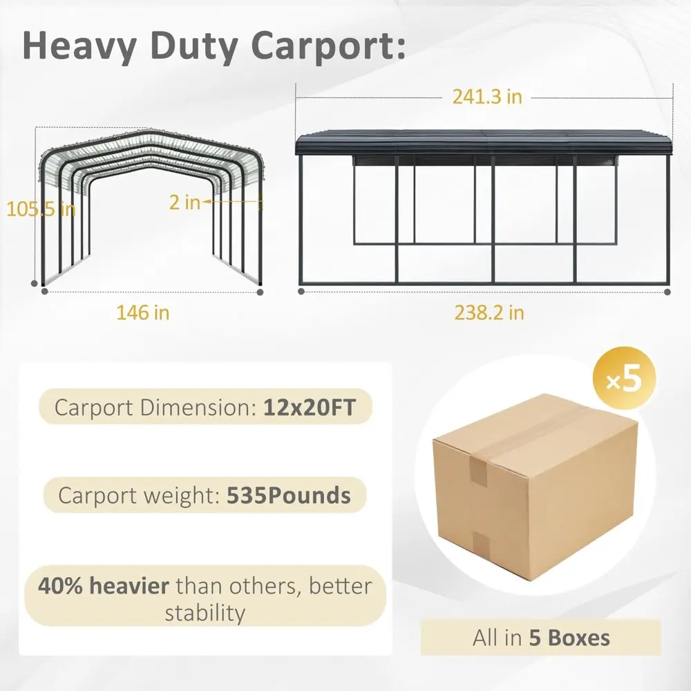 Outdoor Carport, 12' x 20' Heavy Duty Canopy for Garage,Car Garage Shelter with Metal Roof and Frame for Car, and Boat, Grey