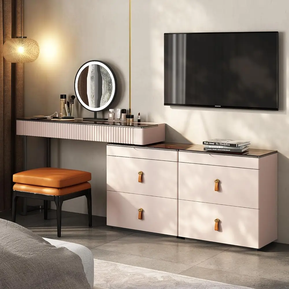 Makeup Vanity with Stool, Very Easy to Assemble,Retractable TV Cabinet Combination, Dressing Table Desk in one, Super Storage
