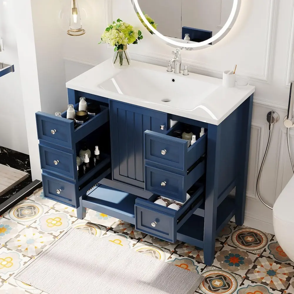36" Vanity Bathroom Cabinet with Sink Top, Three Multi-Functional Drawers, Open Storage Space, Adjustable Shelf, Blue