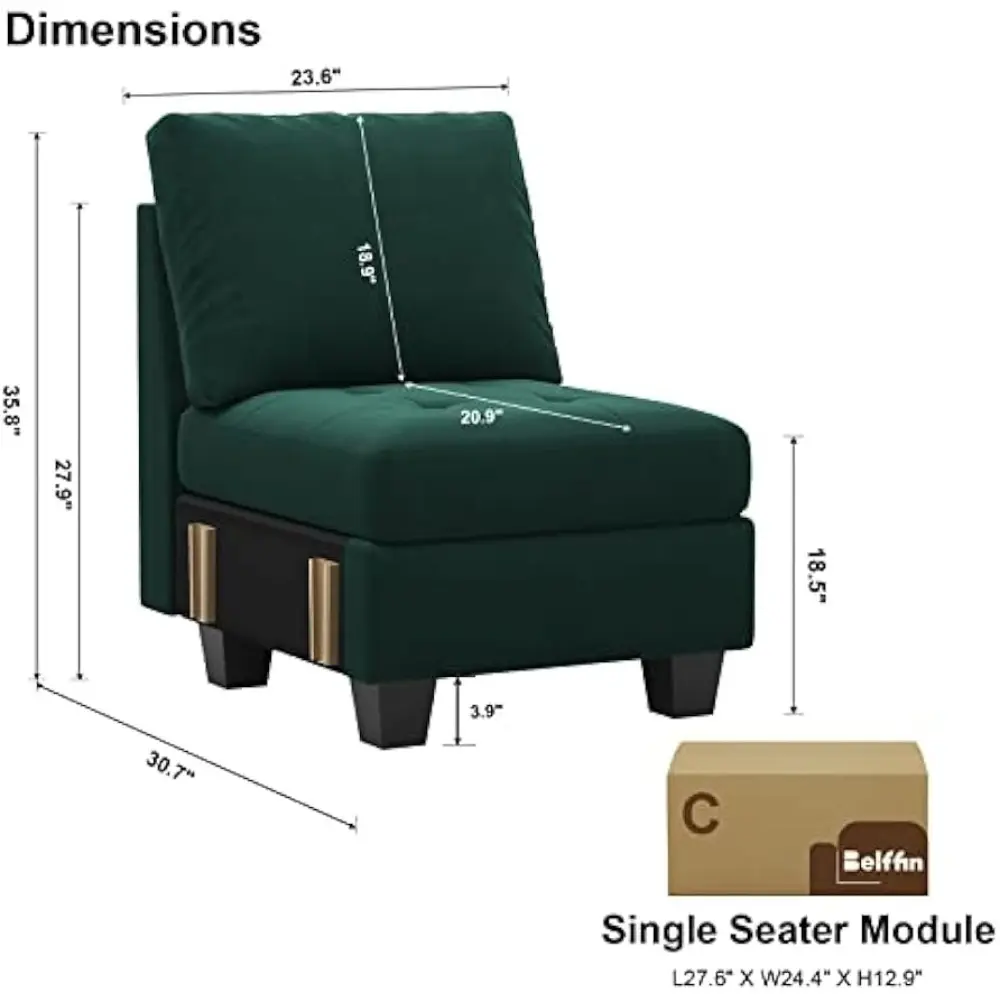 Velvet Single Seat Module for Modular Sectional Sofa Couch Accent Armless Sofa Couch Chair Modern Fabric Green