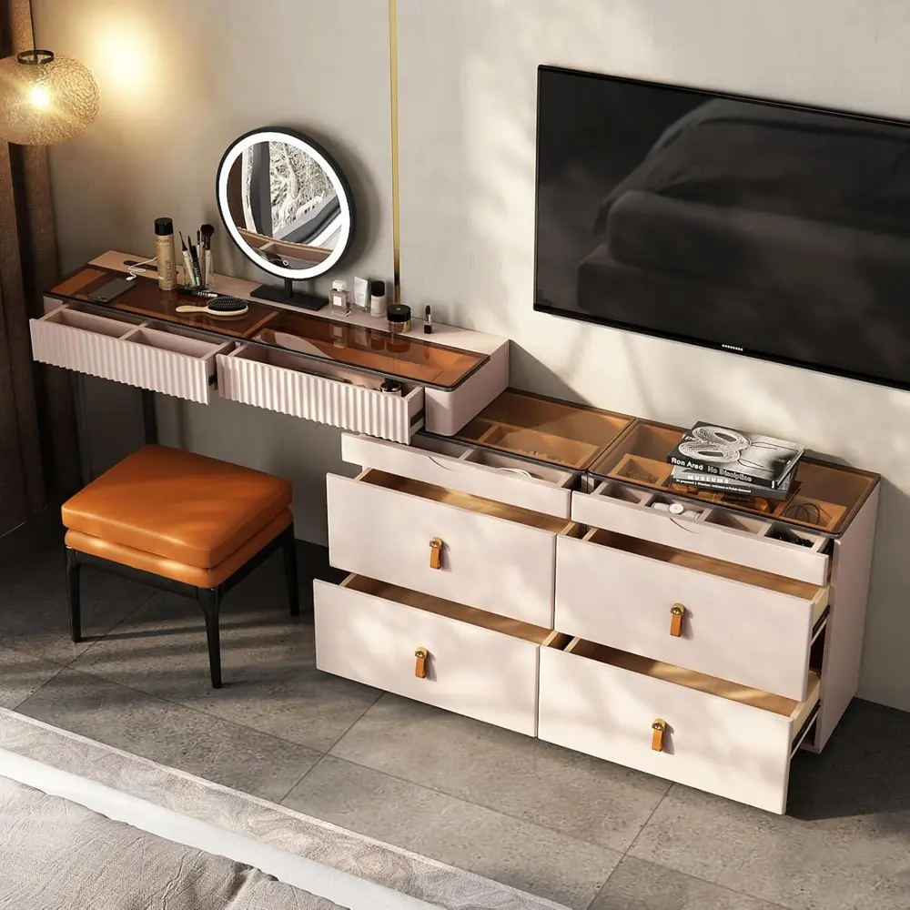 Makeup Vanity with Stool, Very Easy to Assemble,Retractable TV Cabinet Combination, Dressing Table Desk in one, Super Storage