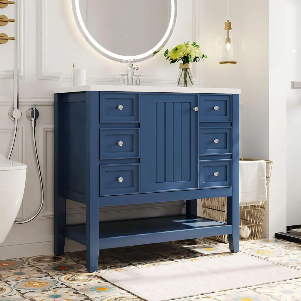 36" Vanity Bathroom Cabinet with Sink Top, Three Multi-Functional Drawers, Open Storage Space, Adjustable Shelf, Blue