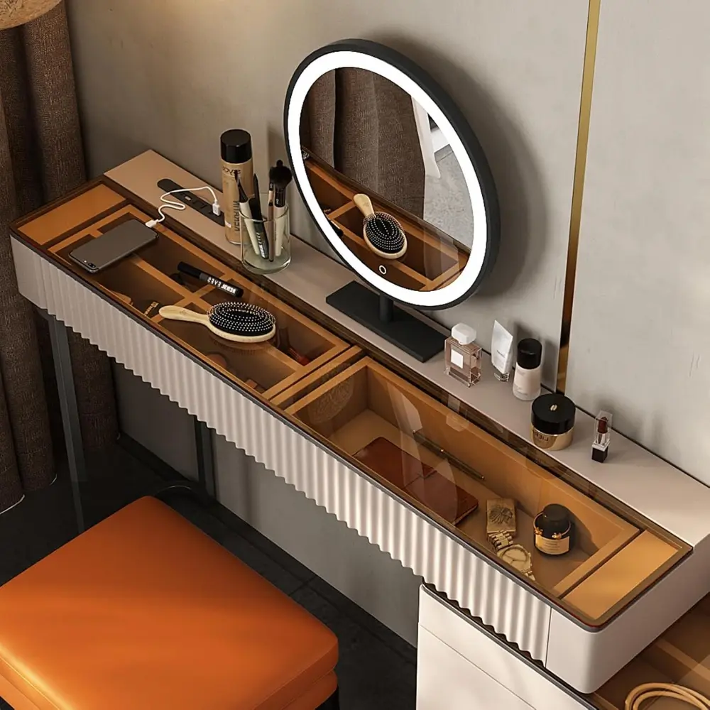Makeup Vanity with Stool, Very Easy to Assemble,Retractable TV Cabinet Combination, Dressing Table Desk in one, Super Storage