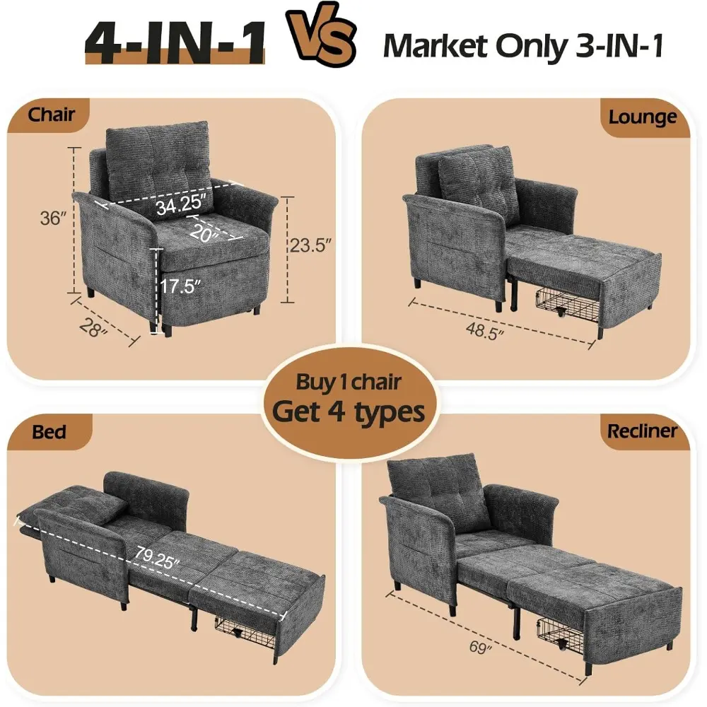 Convertible Sleeper Chair 79" Long Chair Bed w/Adjustable Backrest 4-in-1 Pull Out Lounge Chair 500 LBS Load Bearing Single Sofa