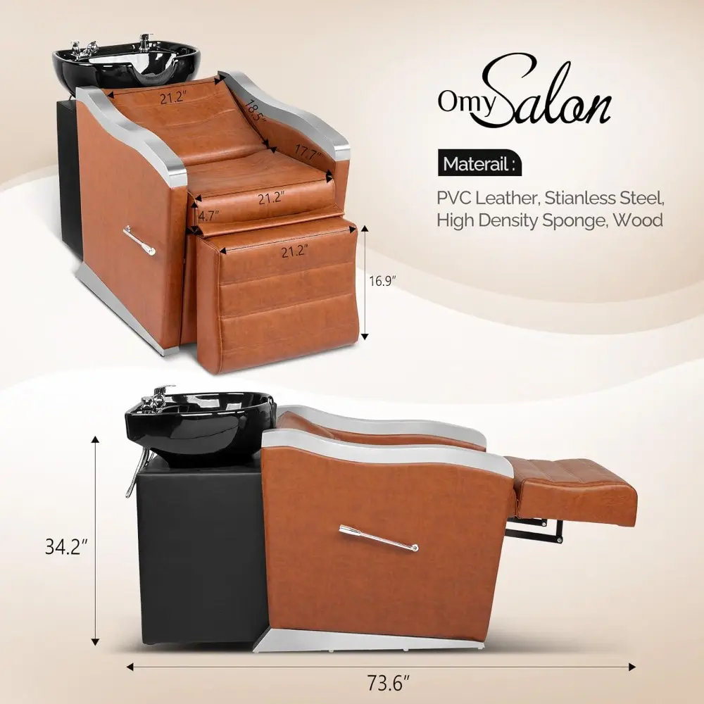 Backwash Barber Chair with Ceramic Shampoo Bowl, Reclining Footrest, All Plumbing Kits Included, Hair Washing Station for Barbe