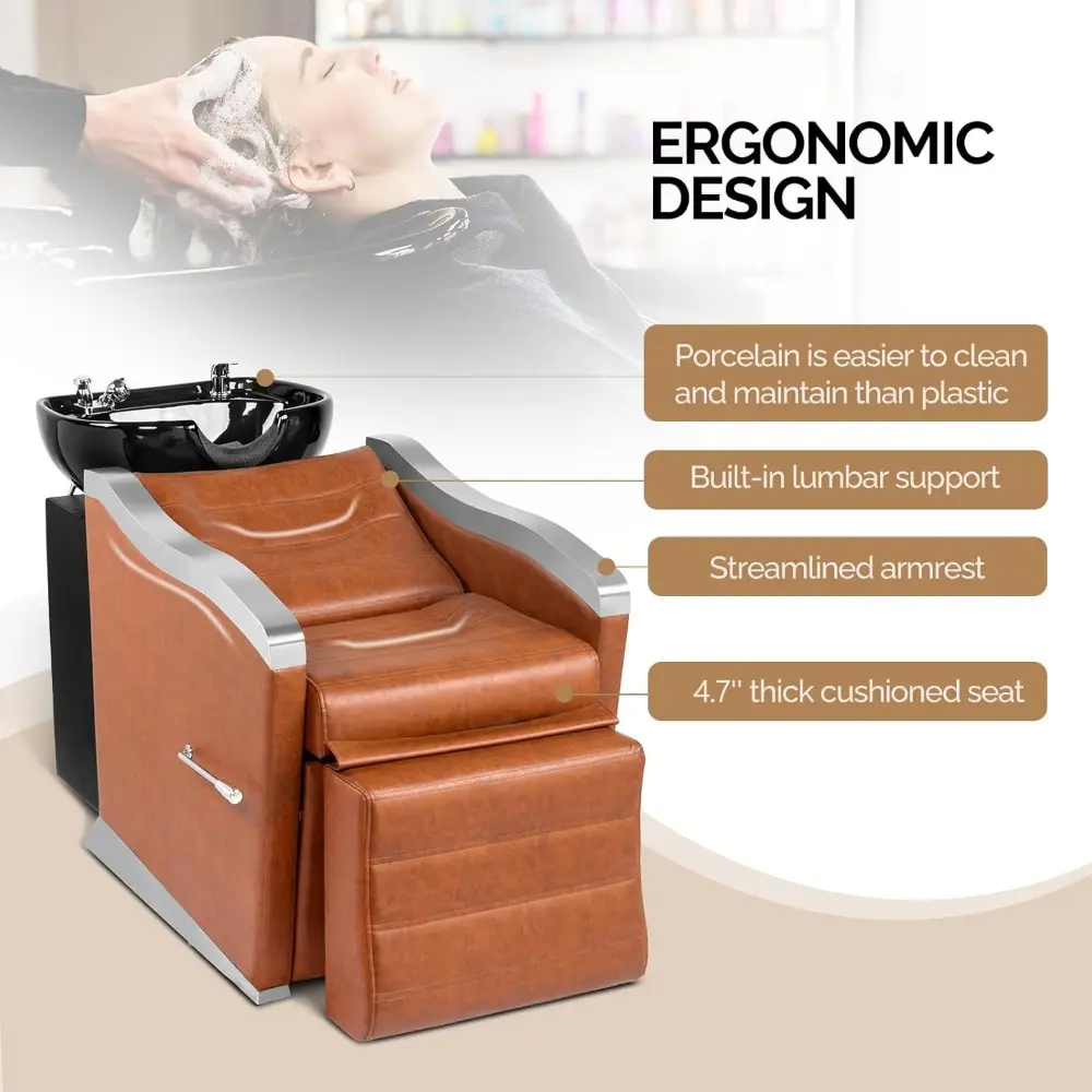 Backwash Barber Chair with Ceramic Shampoo Bowl, Reclining Footrest, All Plumbing Kits Included, Hair Washing Station for Barbe