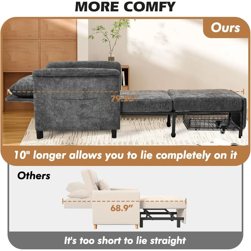 Convertible Sleeper Chair 79" Long Chair Bed w/Adjustable Backrest 4-in-1 Pull Out Lounge Chair 500 LBS Load Bearing Single Sofa