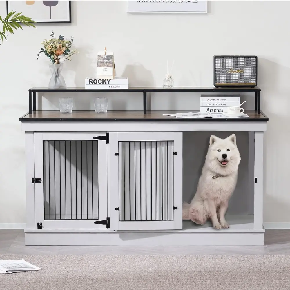Large Dog Crate Furniture TV Stand, Wooden Pet Kennel with Double Doors, Indoor Furniture Style Dog House End Table, 1861 (Ligh
