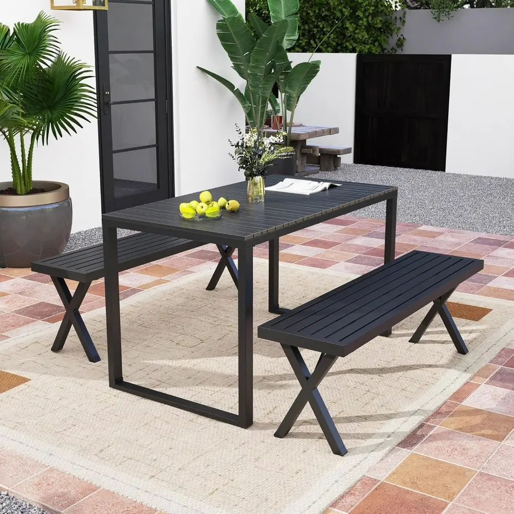 2 Pack Outdoor Bench, Patio Metal Bench with Slatted Seat, X-shaped Legs, 54" Outdoor Backless Loveseat, Load 800 LBS, Heavy-Du