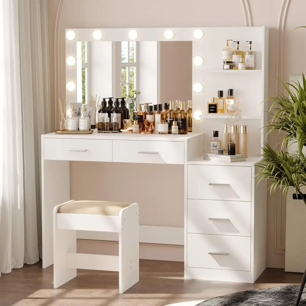 46.7" W Makeup Vanity Set with Lights and Mirror, Vanity Desk with 5 Drawers, 3 Lighting Colors, Dressing Table for Bedroom, St