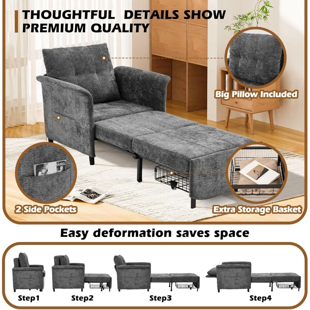 Convertible Sleeper Chair 79" Long Chair Bed w/Adjustable Backrest 4-in-1 Pull Out Lounge Chair 500 LBS Load Bearing Single Sofa