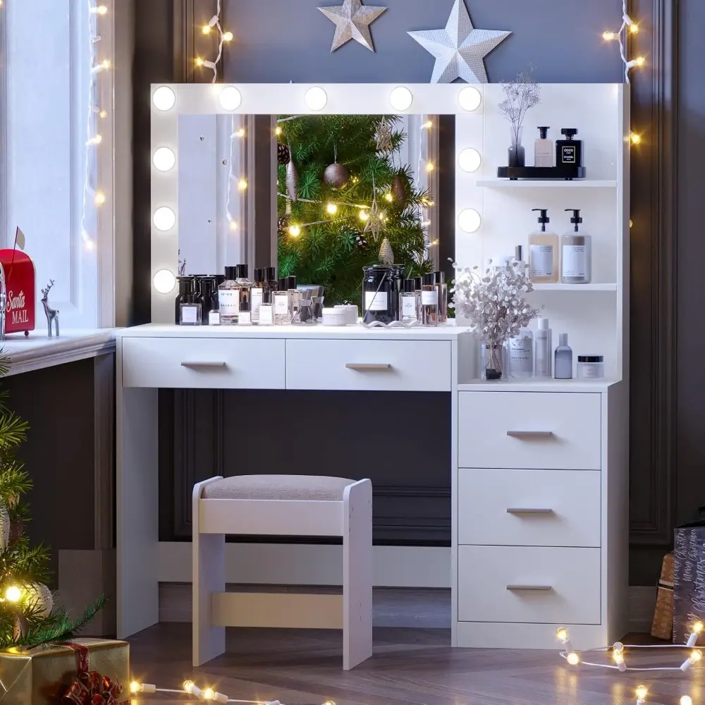 46.7" W Makeup Vanity Set with Lights and Mirror, Vanity Desk with 5 Drawers, 3 Lighting Colors, Dressing Table for Bedroom, St