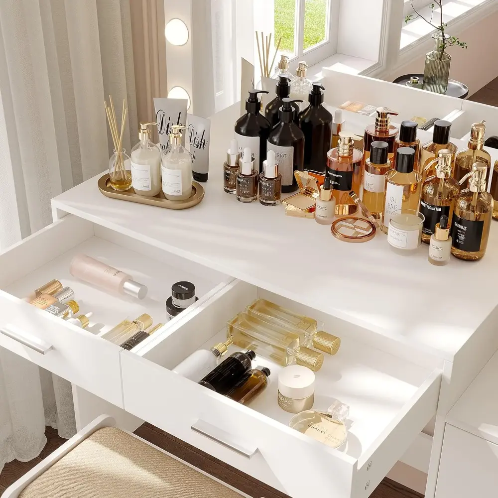 46.7" W Makeup Vanity Set with Lights and Mirror, Vanity Desk with 5 Drawers, 3 Lighting Colors, Dressing Table for Bedroom, St