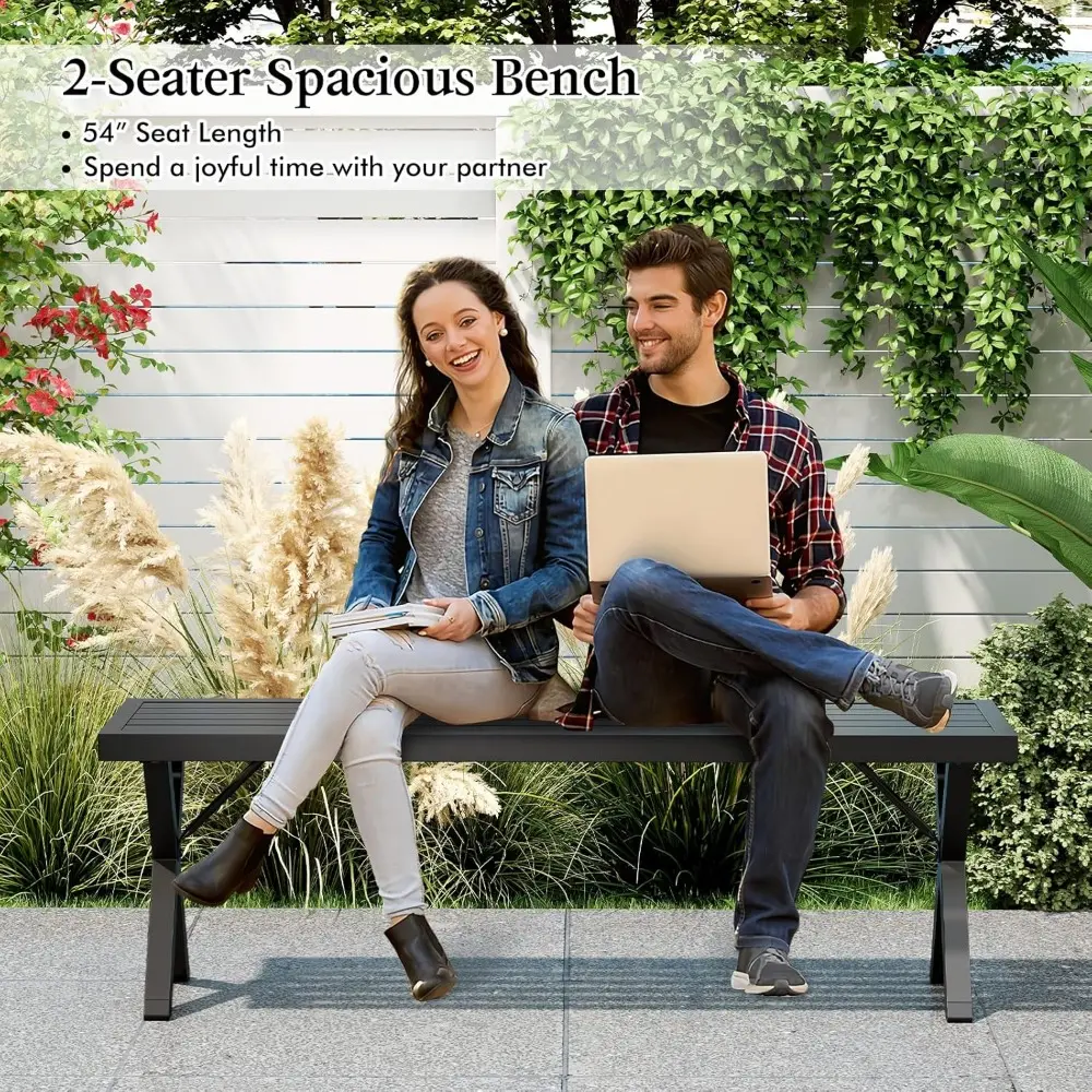 2 Pack Outdoor Bench, Patio Metal Bench with Slatted Seat, X-shaped Legs, 54" Outdoor Backless Loveseat, Load 800 LBS, Heavy-Du
