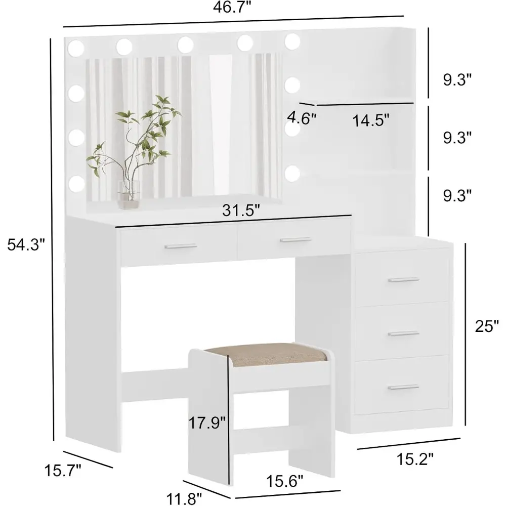 46.7" W Makeup Vanity Set with Lights and Mirror, Vanity Desk with 5 Drawers, 3 Lighting Colors, Dressing Table for Bedroom, St