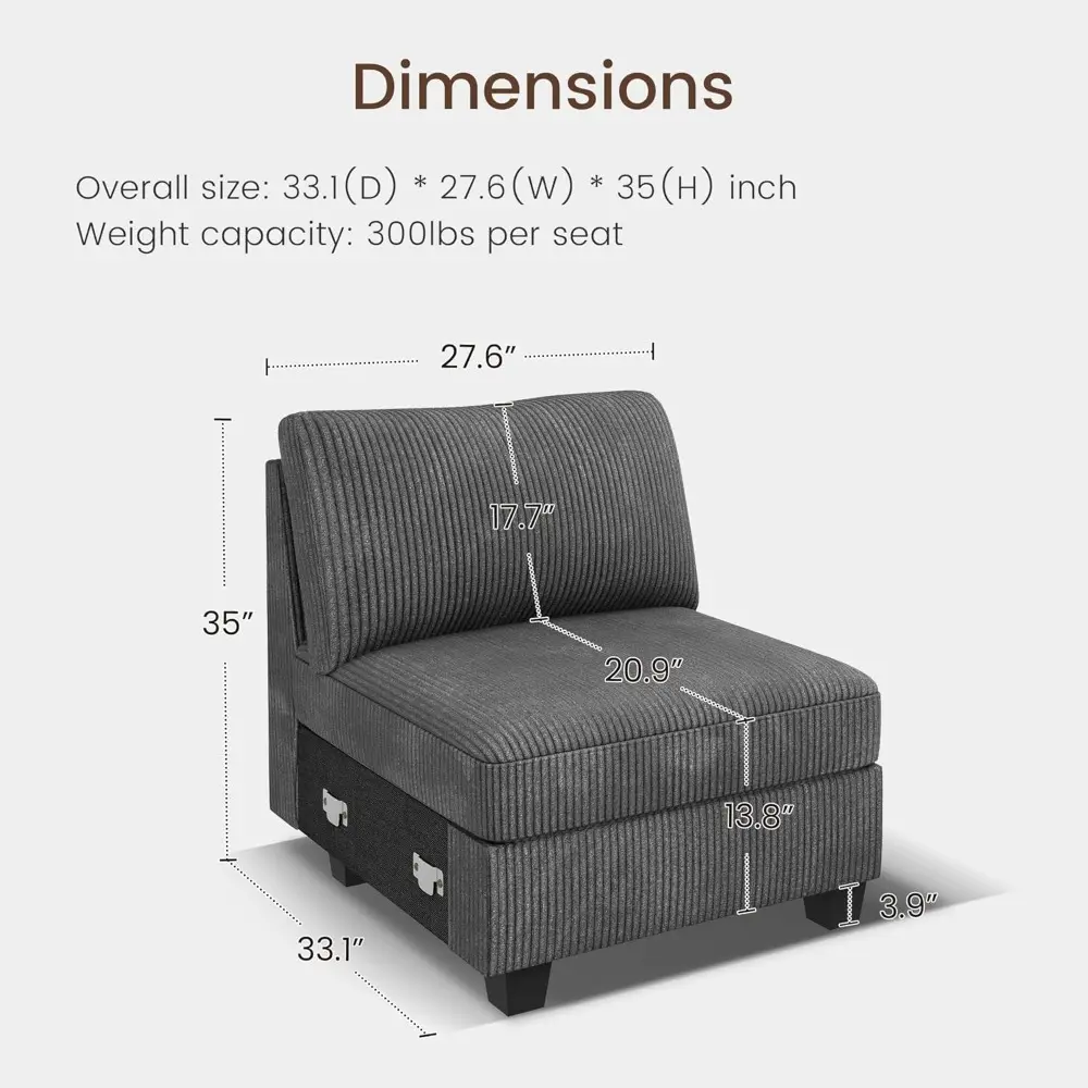 Single Seat for Modular Sectional Couch, Customizable Armless Chair for Sectional Sofa, Middle Module for Modular Couch, Dark G