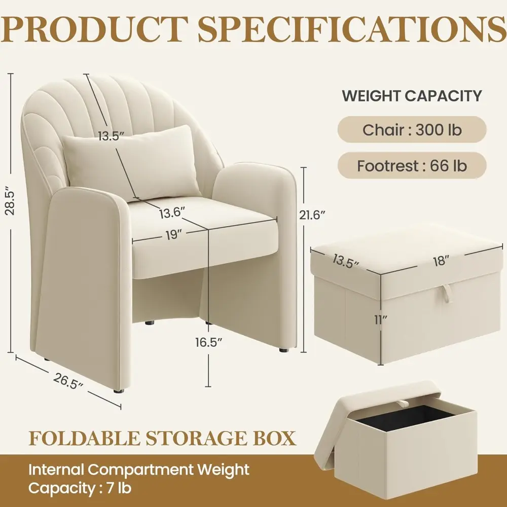Small Barrel Accent Chair with Footrest, Velvet Modern Comfy Cute Elegant Reading Chairs with Lumbar Pillow Storage Box for Liv