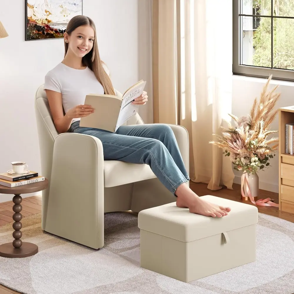 Small Barrel Accent Chair with Footrest, Velvet Modern Comfy Cute Elegant Reading Chairs with Lumbar Pillow Storage Box for Liv