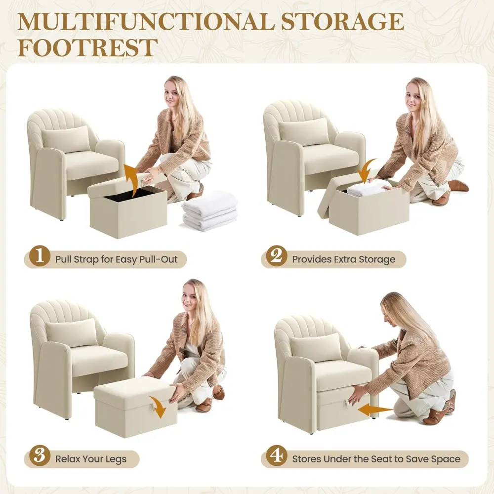 Small Barrel Accent Chair with Footrest, Velvet Modern Comfy Cute Elegant Reading Chairs with Lumbar Pillow Storage Box for Liv