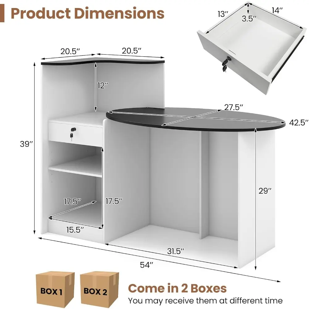 Reception Desk, 54" Large Retail Checkout Counter with Lockable Drawer and Open Shelves, Wooden Front Desk Reception Counter, Ov