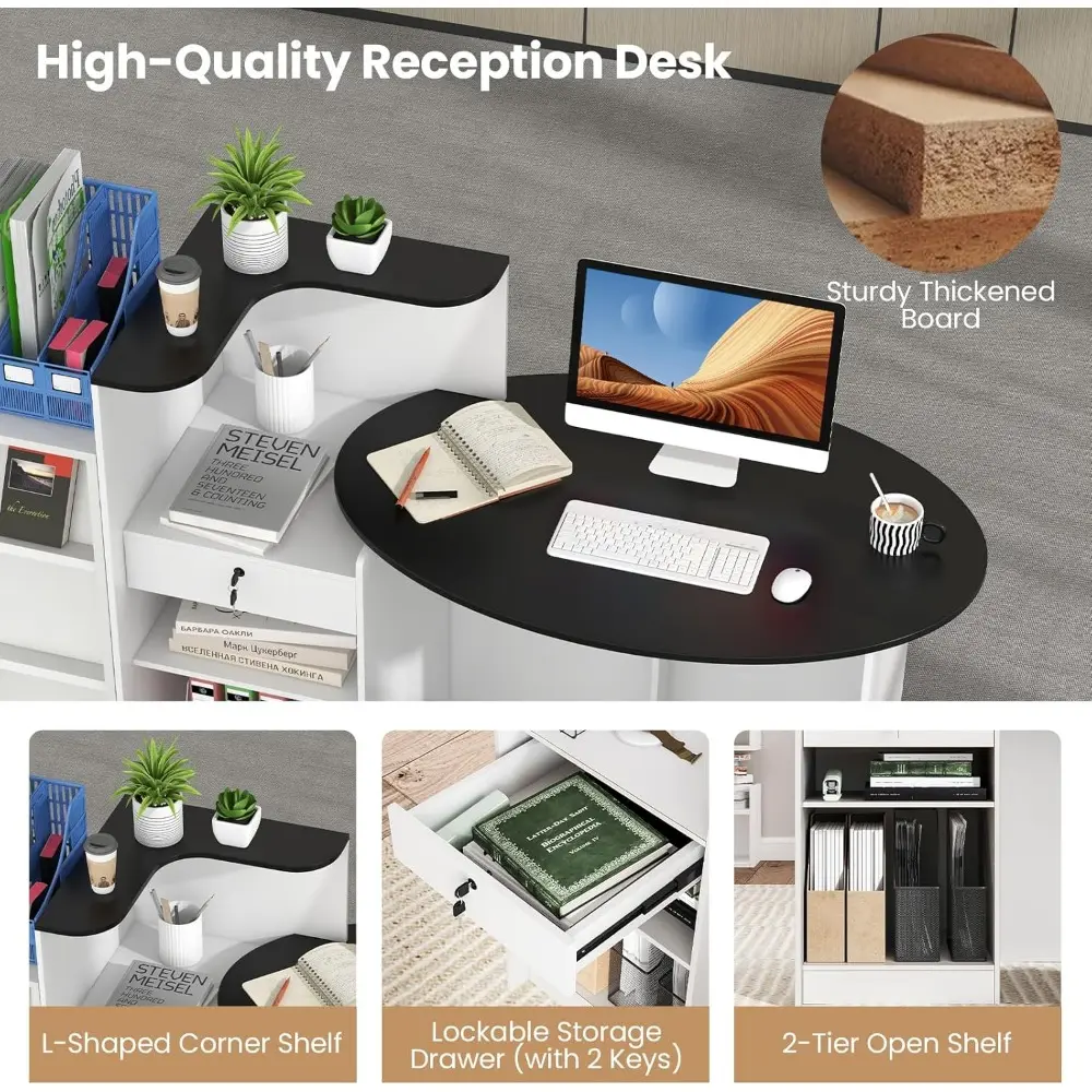 Reception Desk, 54" Large Retail Checkout Counter with Lockable Drawer and Open Shelves, Wooden Front Desk Reception Counter, Ov