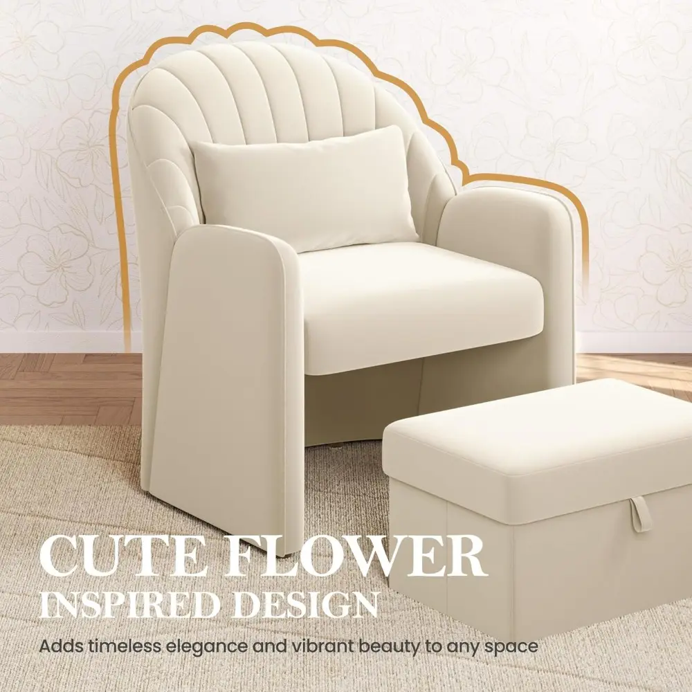 Small Barrel Accent Chair with Footrest, Velvet Modern Comfy Cute Elegant Reading Chairs with Lumbar Pillow Storage Box for Liv