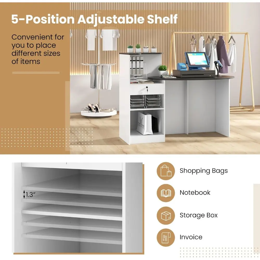 Reception Desk, 54" Large Retail Checkout Counter with Lockable Drawer and Open Shelves, Wooden Front Desk Reception Counter, Ov