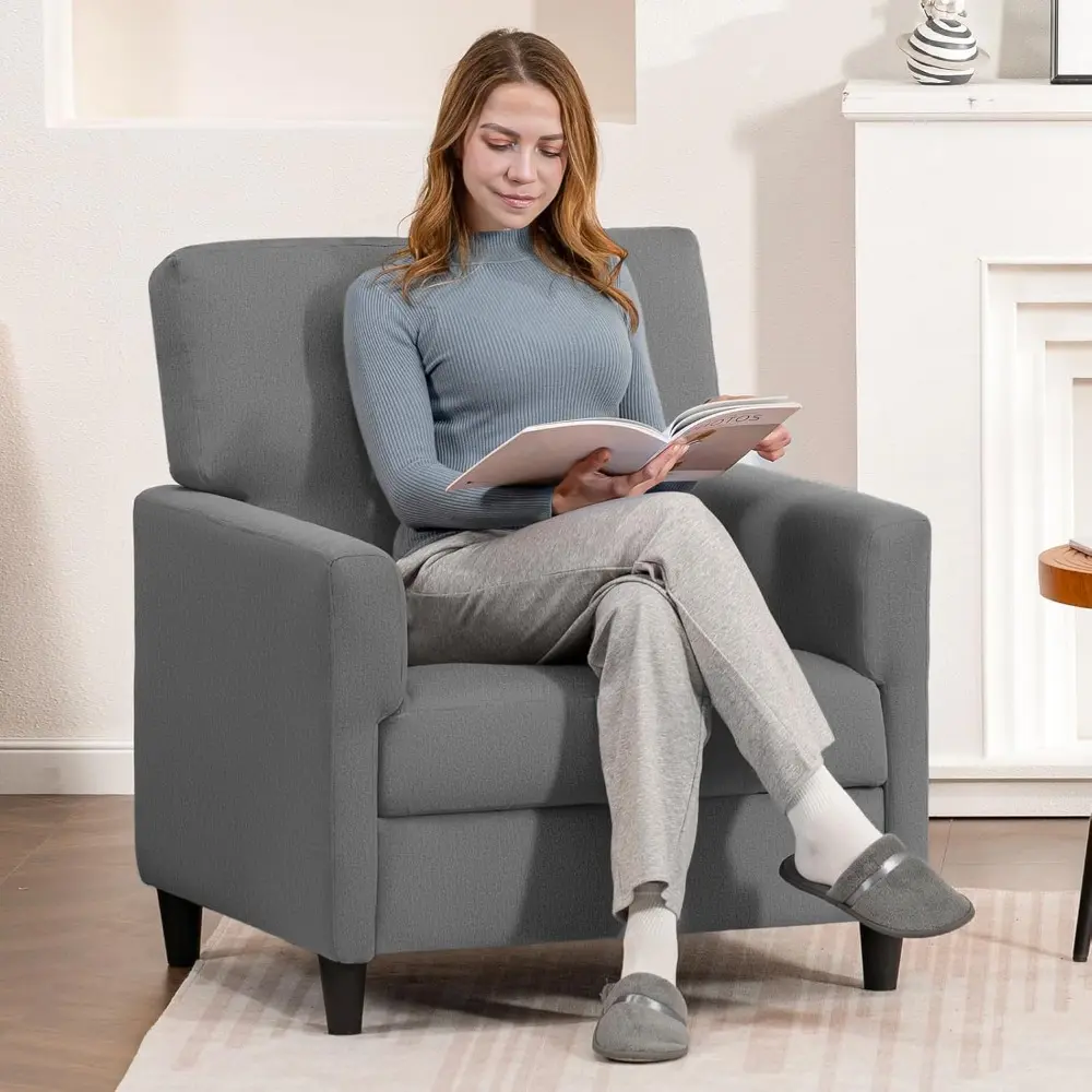 Mid-Century Accent Chair,Modern Upholstered Linen Fabric Chair with Thick Cushion&Solid Legs,Comfy Single Sofa Armchair for Liv