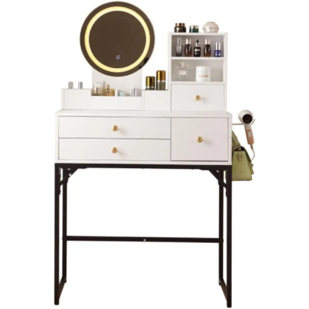 Modern and Simple Multifunctional Dressing Table, Equipped with A Round LED Light Makeup Mirror, Multi-layer Drawers and Open St