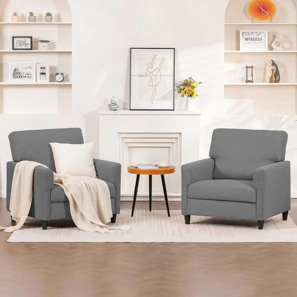 Mid-Century Accent Chair,Modern Upholstered Linen Fabric Chair with Thick Cushion&Solid Legs,Comfy Single Sofa Armchair for Liv