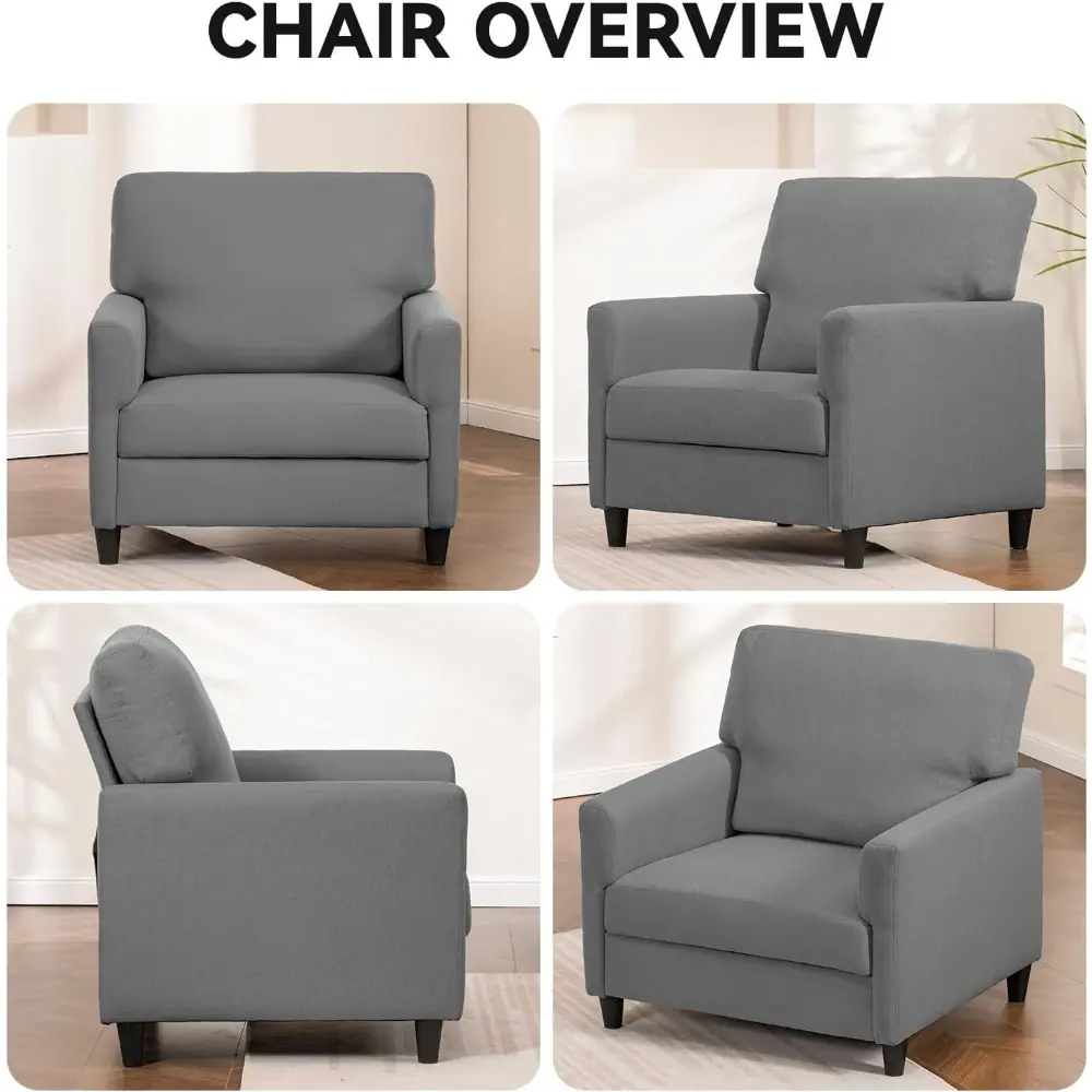 Mid-Century Accent Chair,Modern Upholstered Linen Fabric Chair with Thick Cushion&Solid Legs,Comfy Single Sofa Armchair for Liv