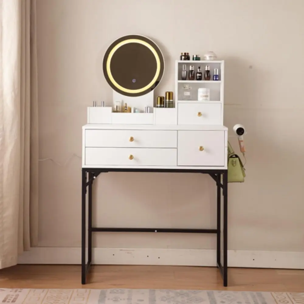 Modern and Simple Multifunctional Dressing Table, Equipped with A Round LED Light Makeup Mirror, Multi-layer Drawers and Open St