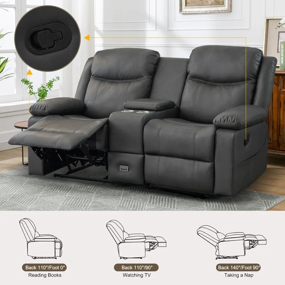 Loveseat Recliner, Reclining Sofa with Console, Double Reclining Couch, 2 Seater Manual Massage Couch for Living Room, Office, H