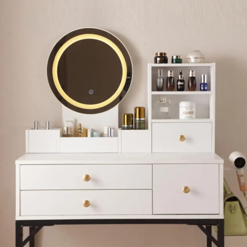 Modern and Simple Multifunctional Dressing Table, Equipped with A Round LED Light Makeup Mirror, Multi-layer Drawers and Open St