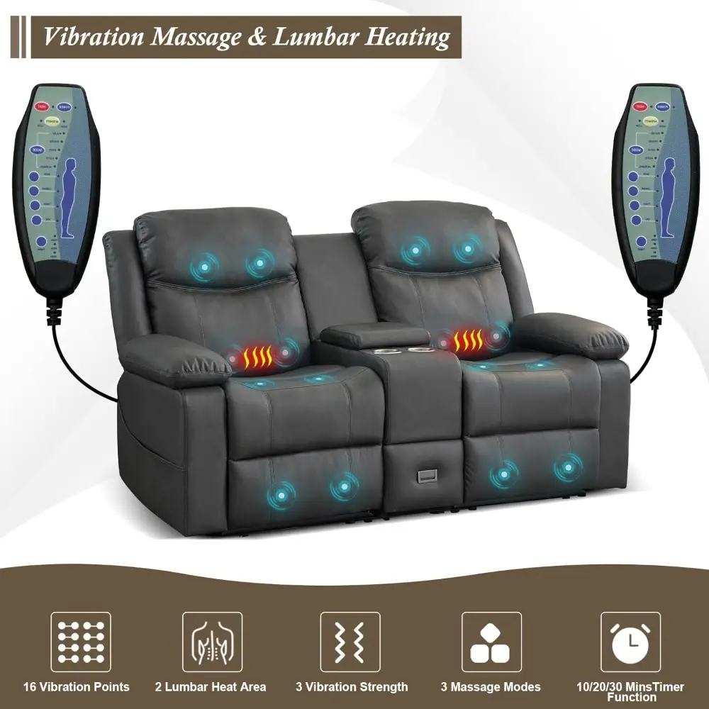 Loveseat Recliner, Reclining Sofa with Console, Double Reclining Couch, 2 Seater Manual Massage Couch for Living Room, Office, H